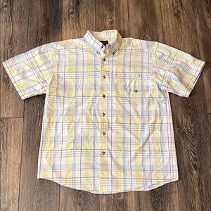 Ariat Shirt Mens XL Plaid Yellow Blue Wrinkle-Free Button Up Short Sleeve
